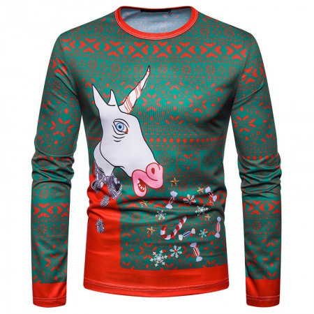 New 3D Personality Printing Fashion Men's Christmas Elk Pattern Long-Sleeved T-Shirt