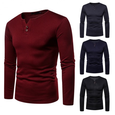 Men's Plus Size Plus Velvet Warm Henley Collar Long-Sleeved T-Shirt Bottoming Shirt